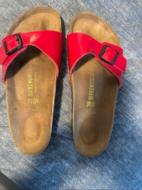 Birkenstock Red Single Strap Slide Sandals with Black Buckles